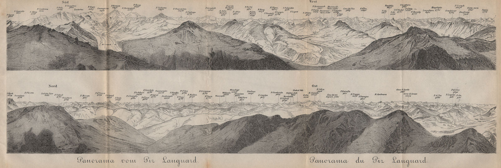 PIZ LANGUARD PANORAMA. Bernina Roseg Monte Rosa Mont Blanc Cristallo 1893 map